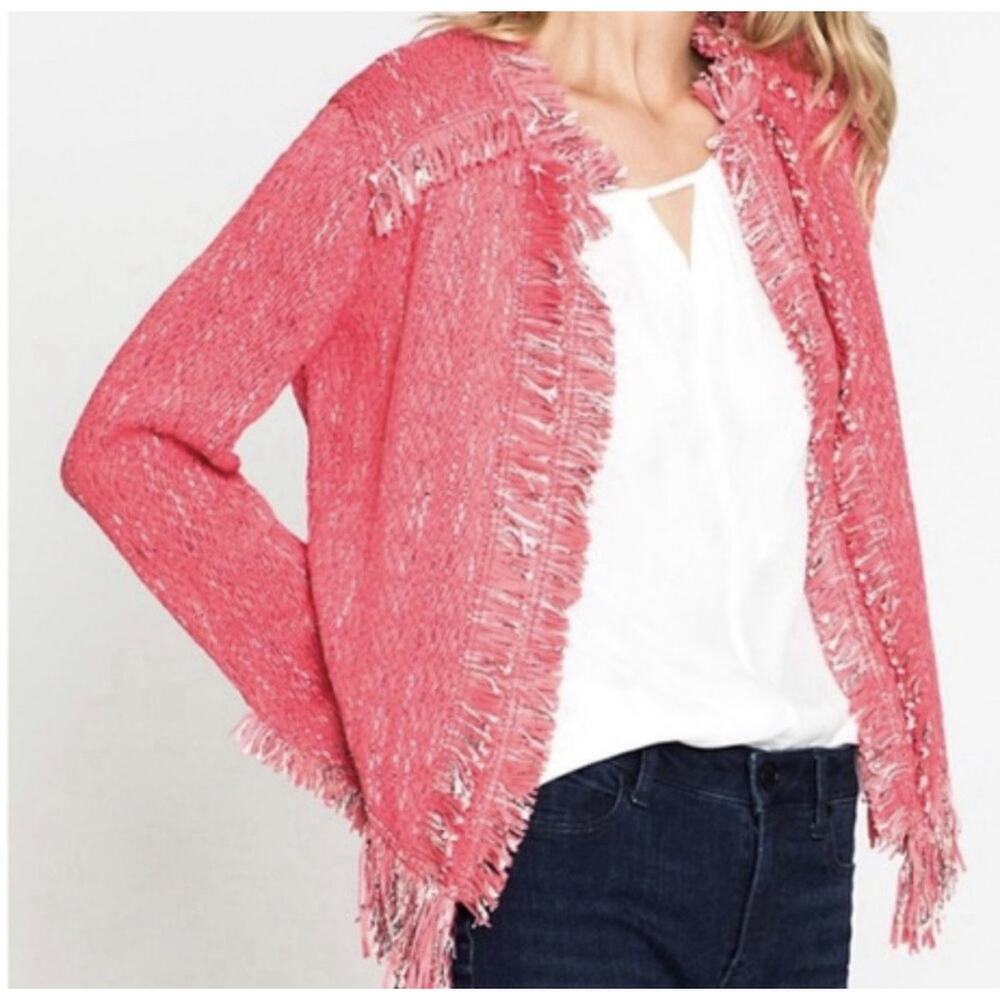NIC + ZOE Pink Fancy Fringe Open Knit Blazer Women’s Small Tweed-Like - Picture 15 of 15